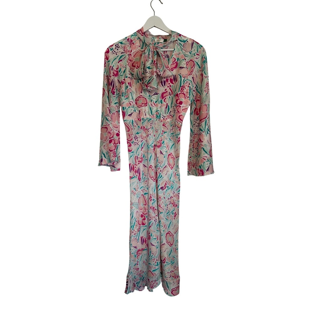 RIXO Amel Pink Teal Floral Silk Blend Kitten Bow Midi Dress Long Bell Sleeve XS - Picture 2 of 9